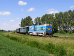 Za přejezdem u Uhřičic byl historický stroj T466.0007 s mimořádným osobním vlakem vyfotografován   Foto: Rosťa Kolmačka